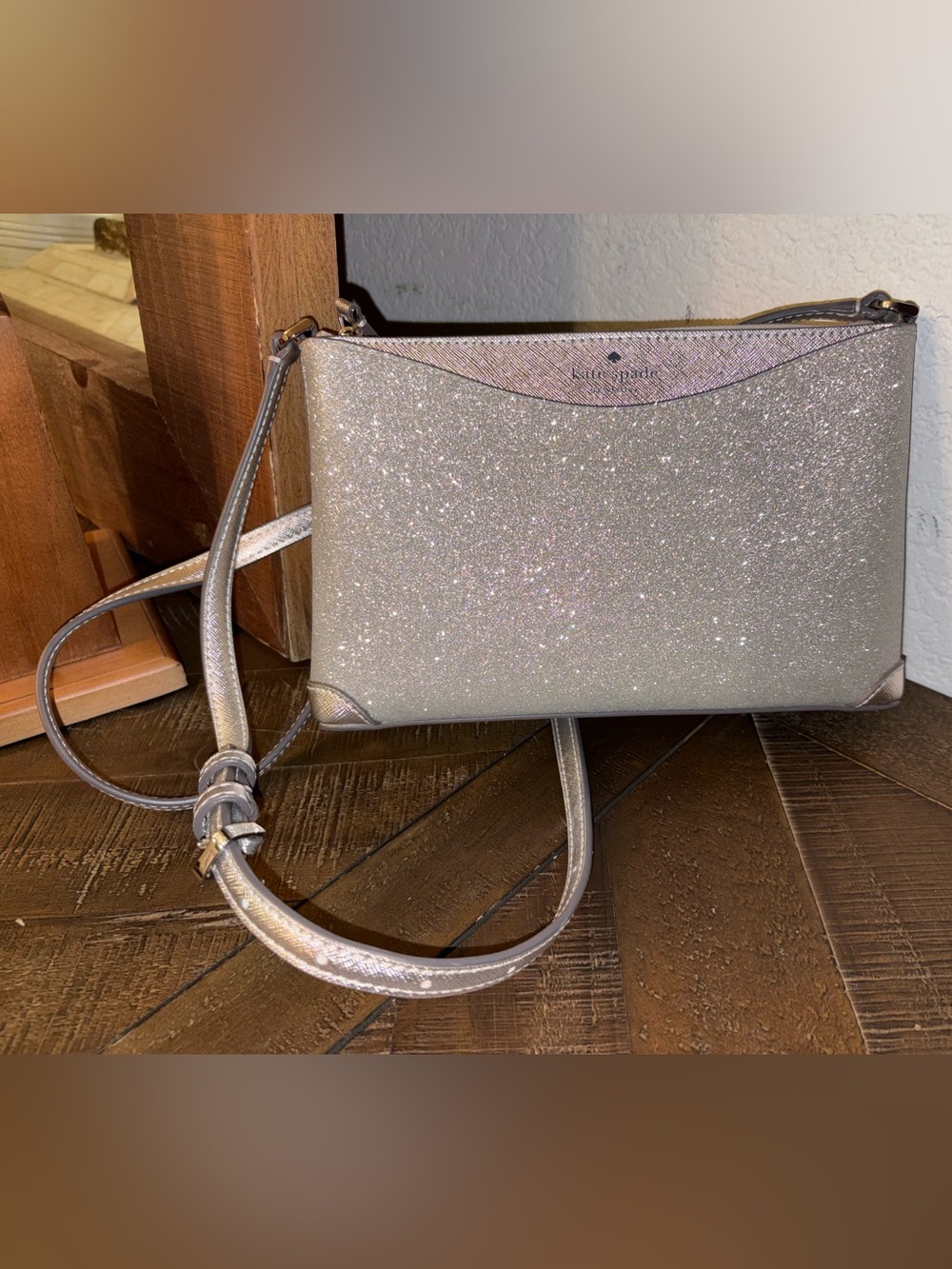 Kate Spade Silver Glitter Crossbody Bag Metallic Sparkle Zip Top NWOT